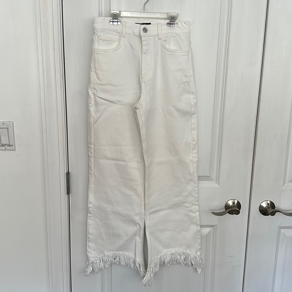 Maje Fringe Jeans: straight leg, white, high waisted, frayed, size 38(size US 6)